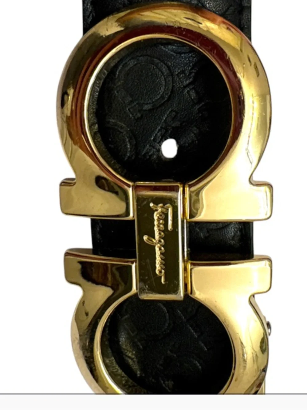 Salvatore Ferragamo Black embossed Leather Belt with Gold Gancini Buckle